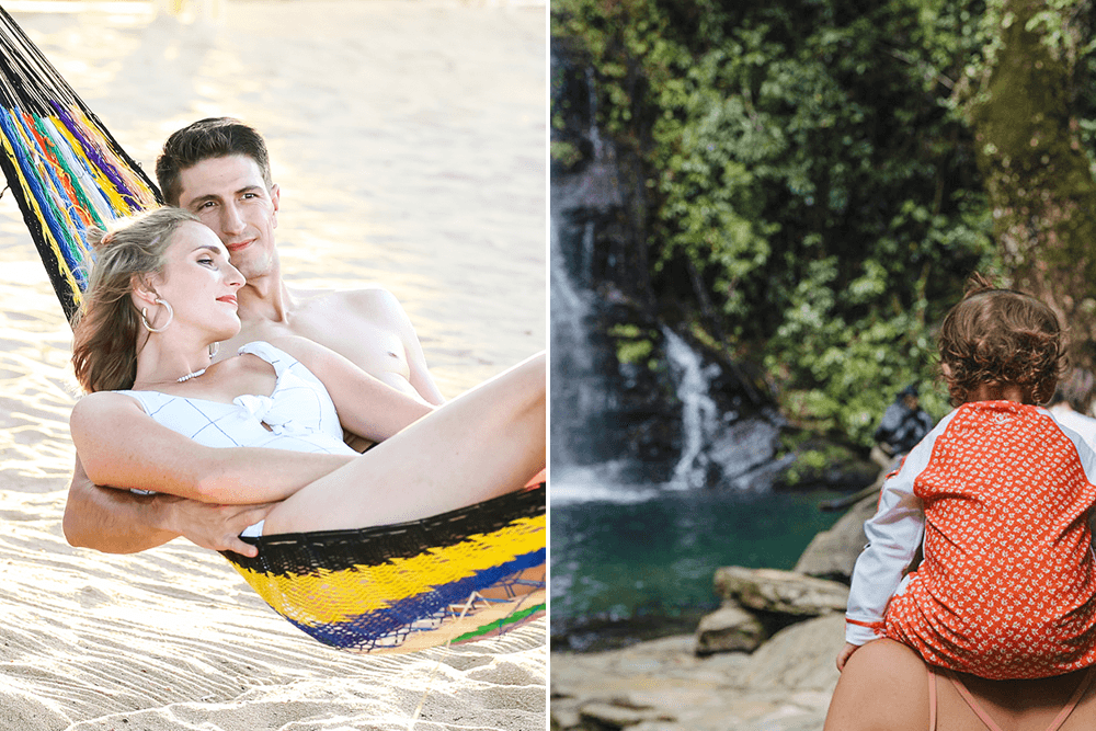Split photo with image left: A blonde woman and a dark-haired man rest together in a colorful beach hammock on a sunny breezy day and image on right: A woman carrying a toddler on her shoulders looks at a waterfall cascading down into a pool surrounded by rocky outcrops.