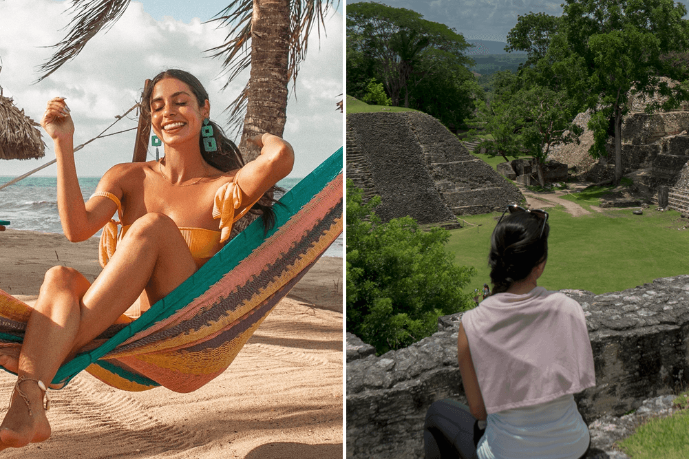 Split photo with image left: Woman in a bathing suit sitting in a multi-color hammock,  with large green square earrings, with grass umbrellas, sand, ocean and palm trees in the background and image on right: Brunette woman with pink top sitting above the mayan ruins looking down, with green trees and grass and blue sky.