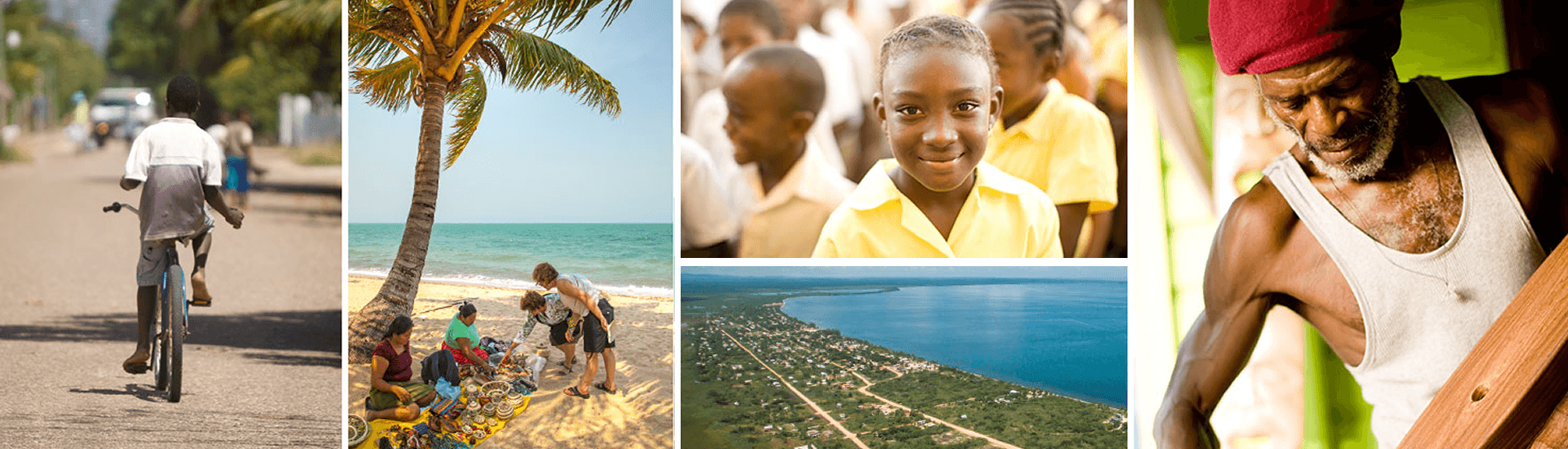 Collage of the people of Hopkins Village, children, elders and artisans, with a coastline.