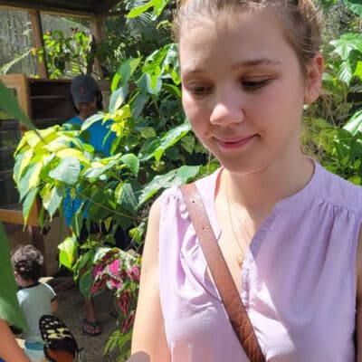 A young girl in a pink top looks at a yellow butterfly resting on her hand.