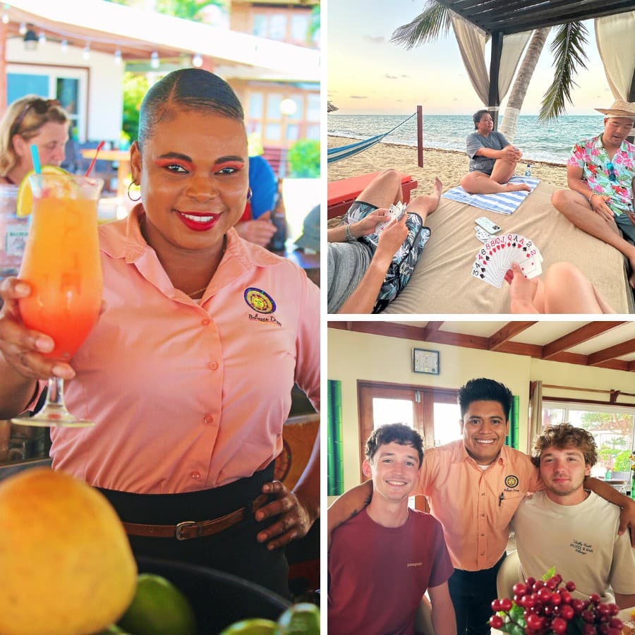 A collage featuring a smiling bartender with a drink, friends relaxing at the beach, and two smiling men with their server indoors.