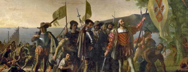 A historical painting depicting explorers holding flags and weapons, standing by a shore. A historical painting depicting explorers holding flags and weapons, standing by a shore.