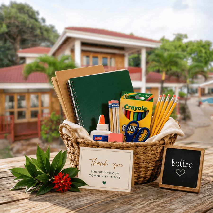 A woven basket filled with school supplies, a thank-you card, and a small chalkboard labeled "Belize" sits on a table with a house and greenery in the background.