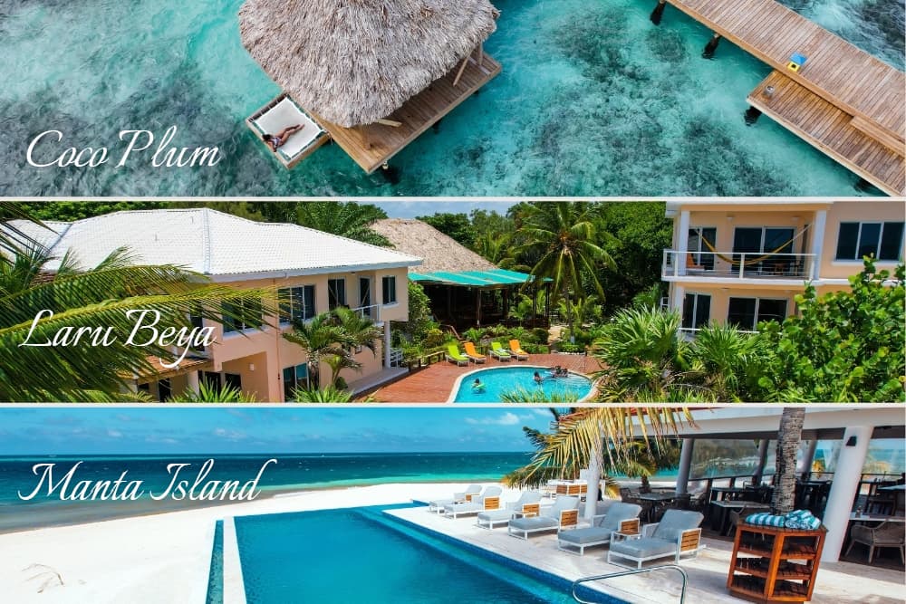 Collage of photos with guests enjoying the water near three sister properties: CoCo Plum, Manta Island and Laru Beya.