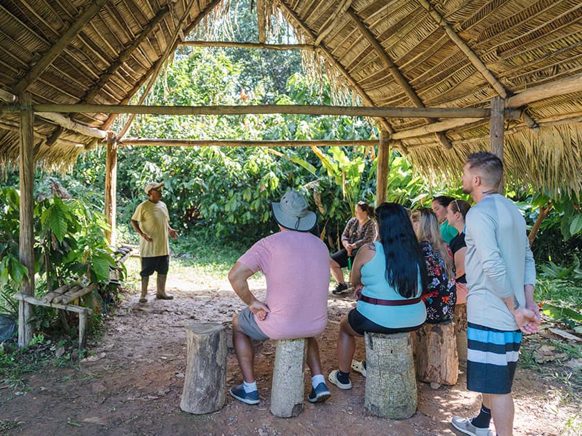 A group of people attentively listens to a speaker under a thatched-roof shelter in a lush, green setting.