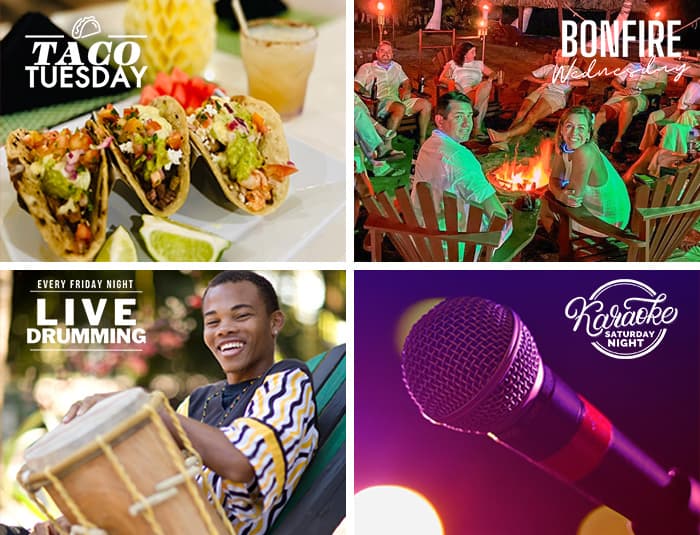 A collage featuring tacos for Taco Tuesday, a bonfire gathering, live drumming, and a microphone for Saturday night karaoke.