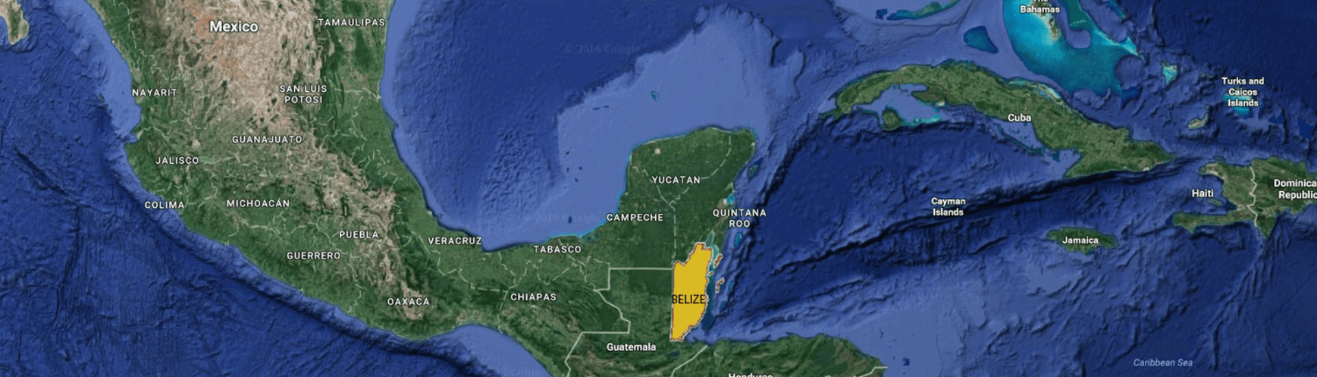 A mainly blue map with the country of Belize highlighted in yellow.