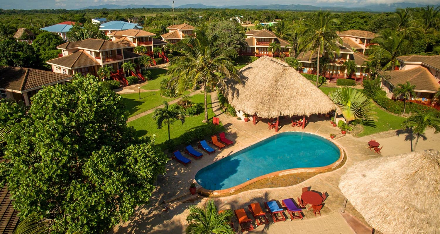 Ariel view of pool, accommodations, green trees and grass, and thatch hut roofs.