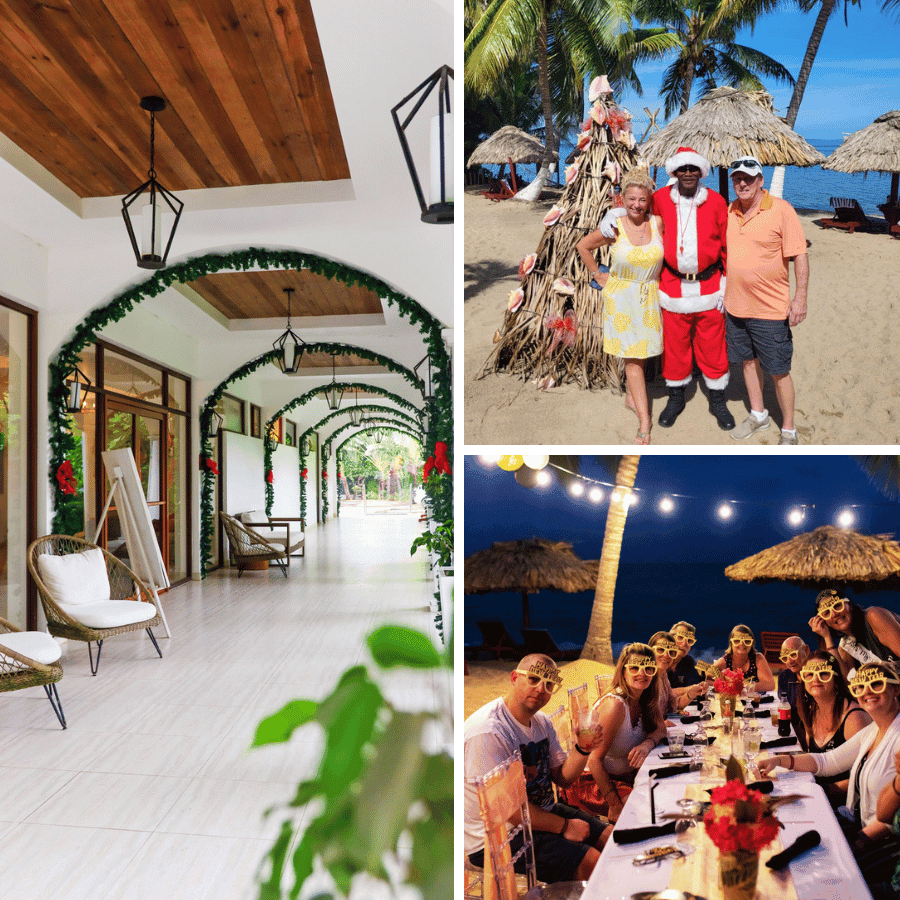 A collage featuring a festive hall, beach photo with Santa, and a dinner party on the shore.