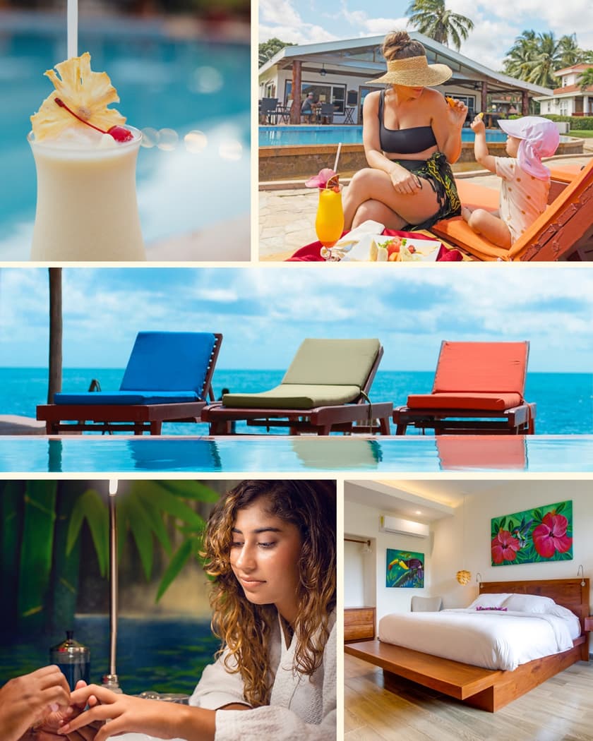 A collage showcasing a tropical vacation experience, featuring a cocktail, relaxing poolside lounges, a mother and child, and a spa and hotel interior.