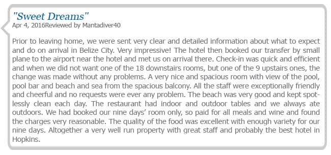 A positive review of a hotel in Belize City, highlighting excellent service, spacious accommodations, and quality dining options.