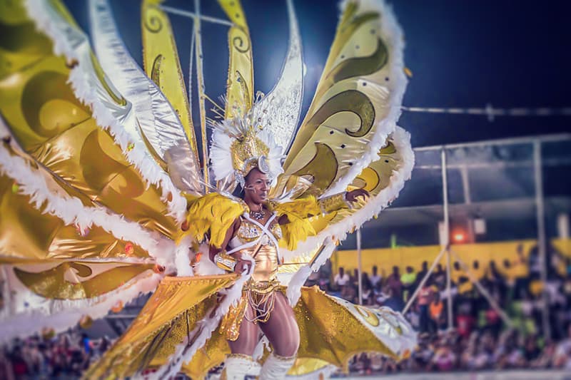 A performer in a vibrant gold costume with large feathered wings dances at a lively carnival.
