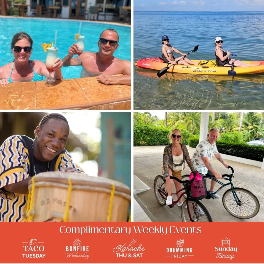 A collage of vacation activities including poolside drinks, kayaking, drumming, and cycling, promoting weekly events.