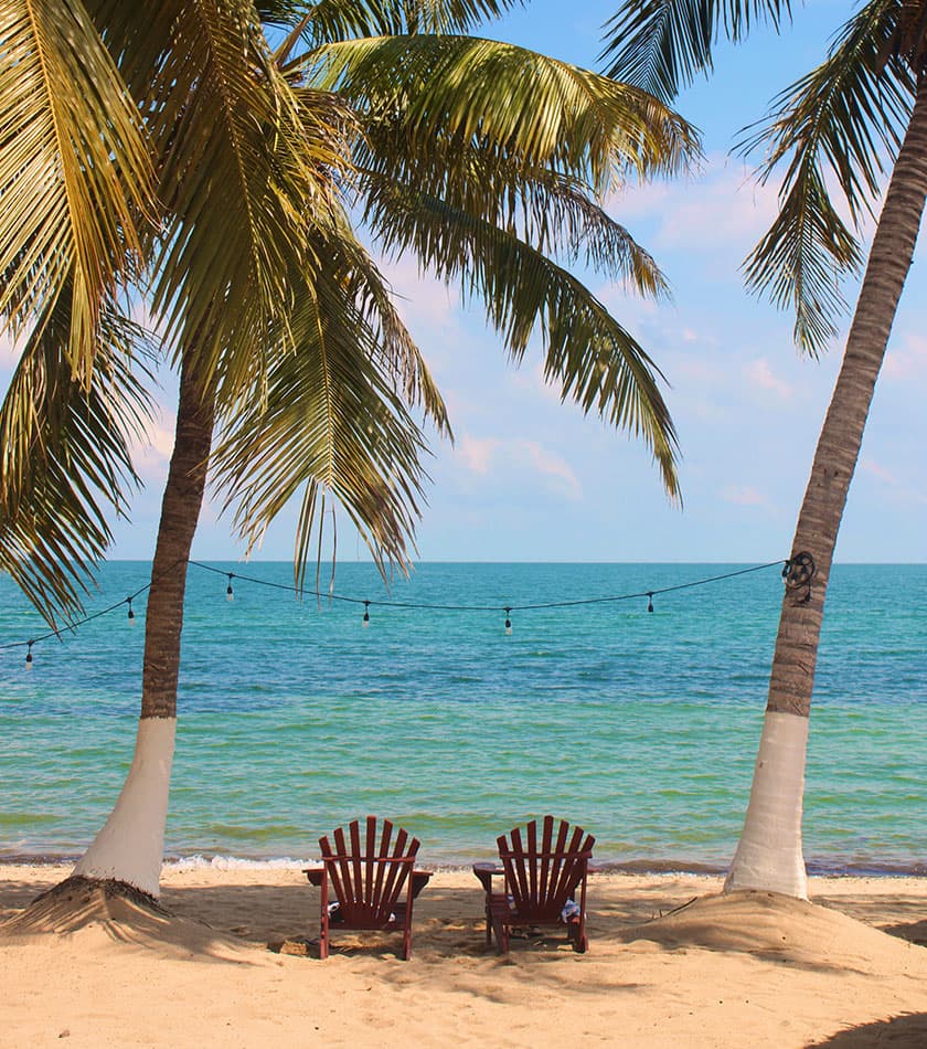 Two wooden lounge chairs sit on a sandy beach framed by palm trees, overlooking the turquoise ocean.