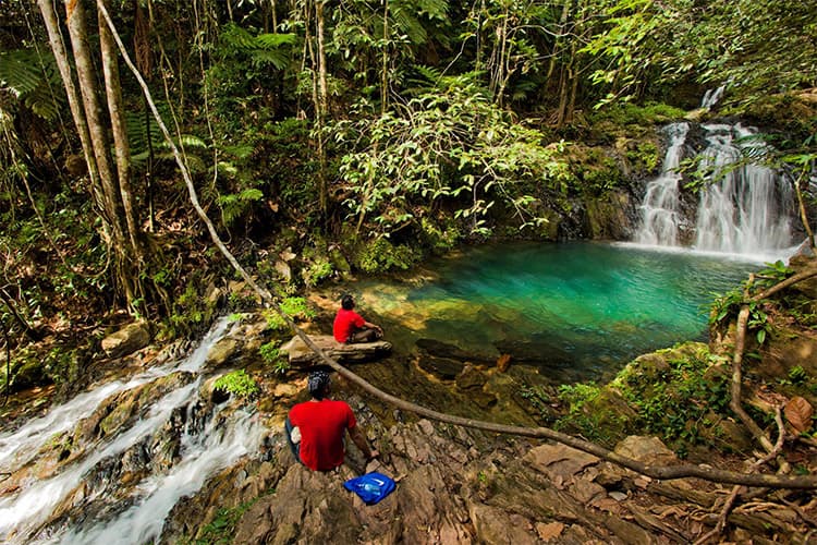Two people in red shirts sit near a tranquil waterfall and pool surrounded by lush greenery.