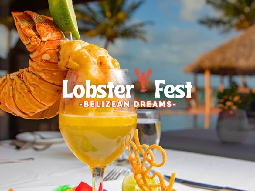 A vibrant cocktail garnished with lobster and tropical scenery, featuring the "Lobster Fest - Belizean Dreams" logo. A vibrant cocktail garnished with lobster and tropical scenery, featuring the "Lobster Fest - Belizean Dreams" logo.