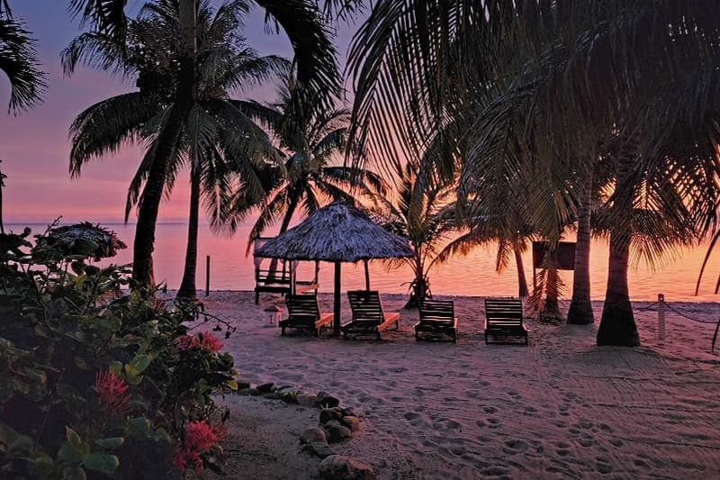 Sunset over a beach scene with palm trees, a thatched hut, and lounge chairs. Sunset over a beach scene with palm trees, a thatched hut, and lounge chairs.