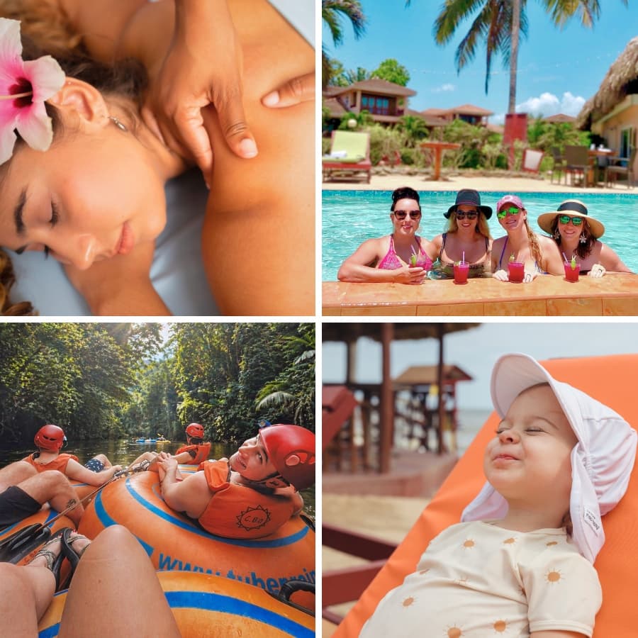A collage showcasing relaxation with a massage, poolside fun, river tubing adventure, and a smiling baby at the beach.