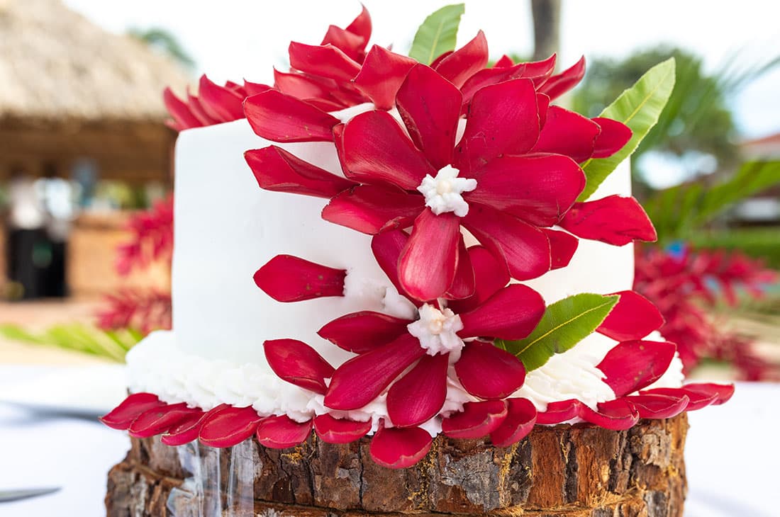 Two-tier modern-style wedding cake decorated with red flowers and green leaves, resting on a wooden base