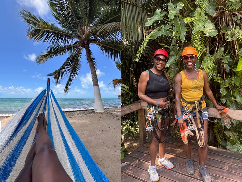 A split image featuring a beach hammock scene on the left and two women in climbing gear smiling in a lush jungle setting on the right.