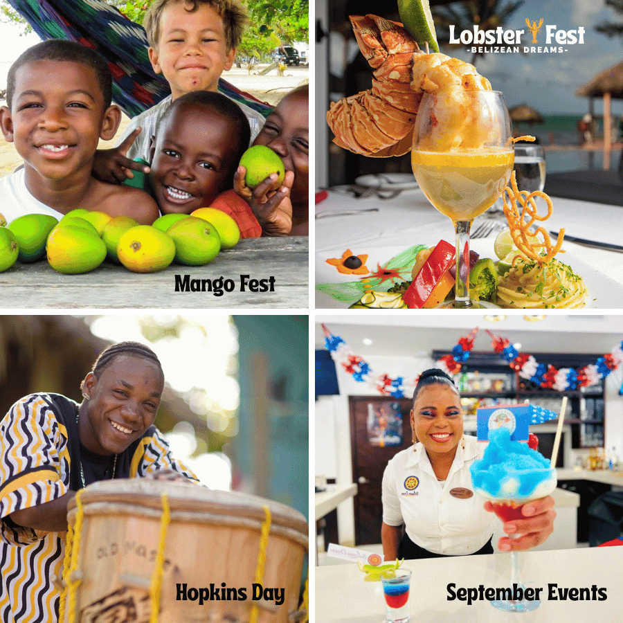 A collage featuring joyful children with mangoes, a lobster dish and cocktail, a drummer celebrating Hopkins Day, and a smiling server with a colorful drink for September events.