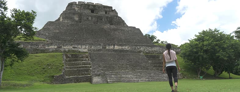 A person walks towards a large, ancient stone pyramid surrounded by greenery under a partly cloudy sky. A person walks towards a large, ancient stone pyramid surrounded by greenery under a partly cloudy sky.