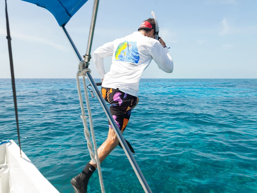 A person in swimwear dives off the side of a boat into clear blue water.