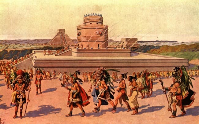 A vibrant scene depicting a ceremonial gathering in front of a large pyramidal structure surrounded by costumed figures.