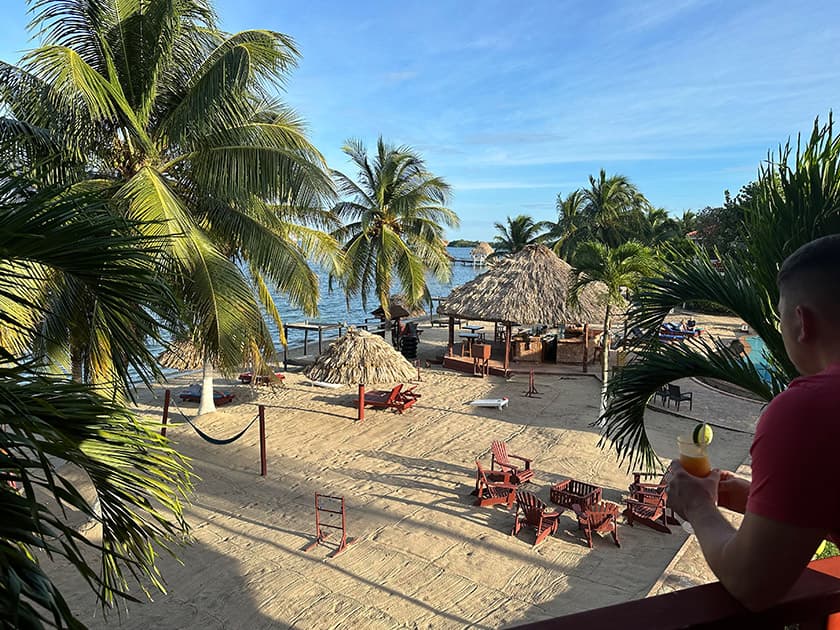A person enjoys a drink while overlooking a tropical beach with palm trees and thatched cabanas. A person enjoys a drink while overlooking a tropical beach with palm trees and thatched cabanas.