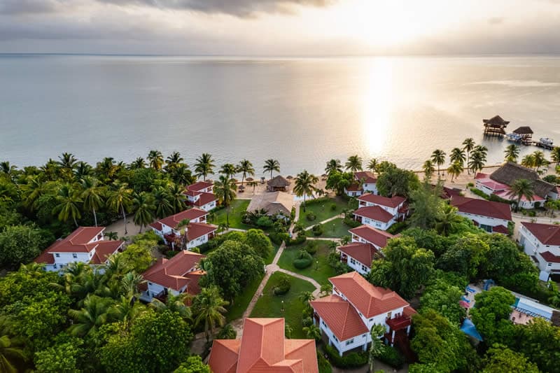 Aerial view of a beachfront resort surrounded by palm trees and greenery at sunset.
