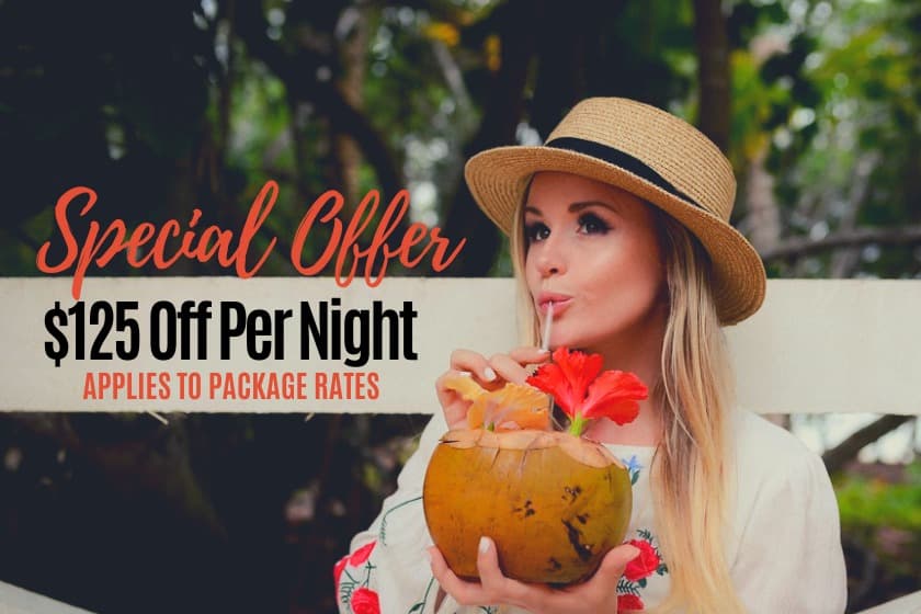 A woman in a straw hat enjoys a coconut drink while promoting a special offer of $125 off per night.