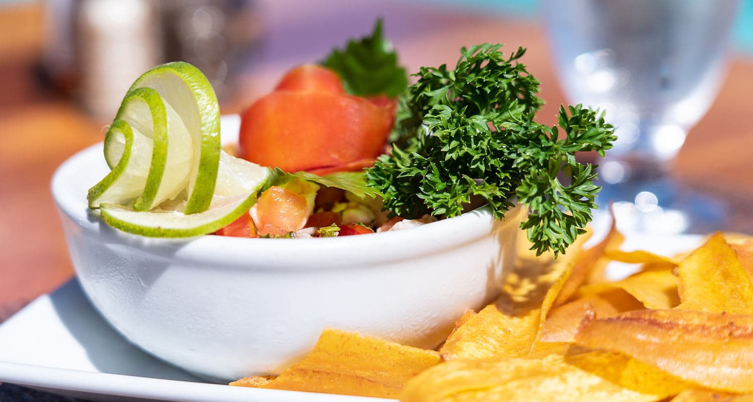 The image shows a bowl of ceviche, a popular Latin American dish made with raw fish marinated in citrus juices. The ceviche appears to be made with white fish, tomatoes, red onions, and cilantro.