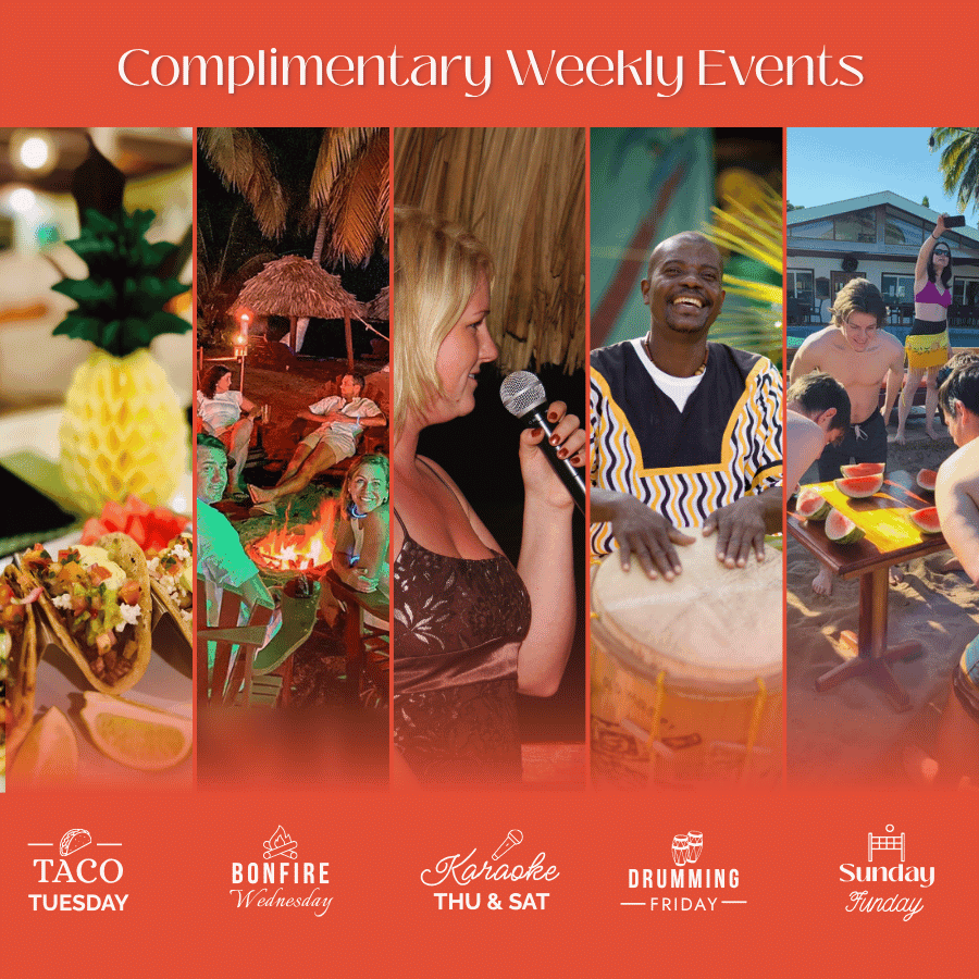 A promotional graphic showcasing various complimentary weekly events, including Taco Tuesday, Bonfire Wednesday, Karaoke on Thursdays and Saturdays, Drumming Friday, and Sunday Funday.