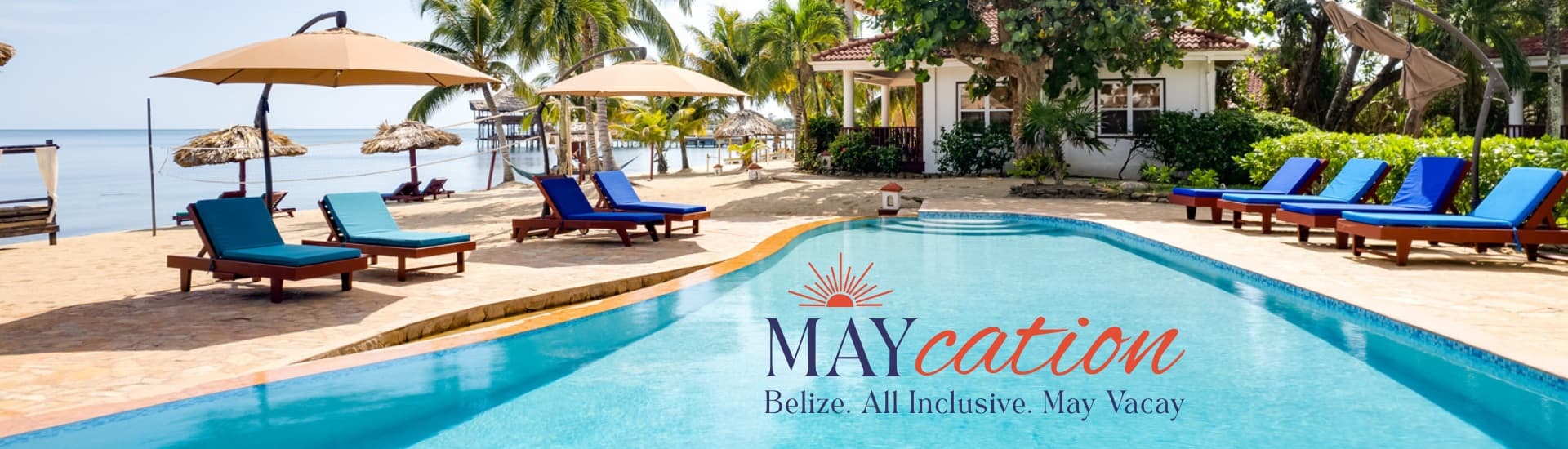 Bright poolside area with blue lounge chairs and palm trees, promoting a vacation in Belize.