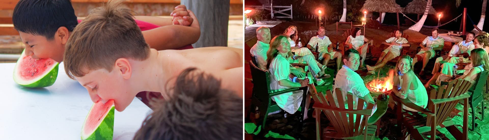 A split image shows kids enjoying watermelon on the left and a group of people gathered around a fire at night on the right.