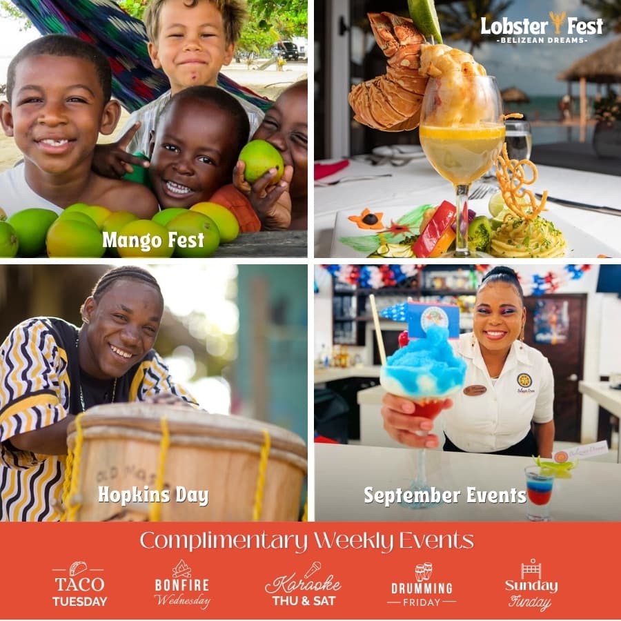 A collage showcasing vibrant scenes from Mango Fest, Hopkins Day, and various September events, featuring children, food, and festive drinks.