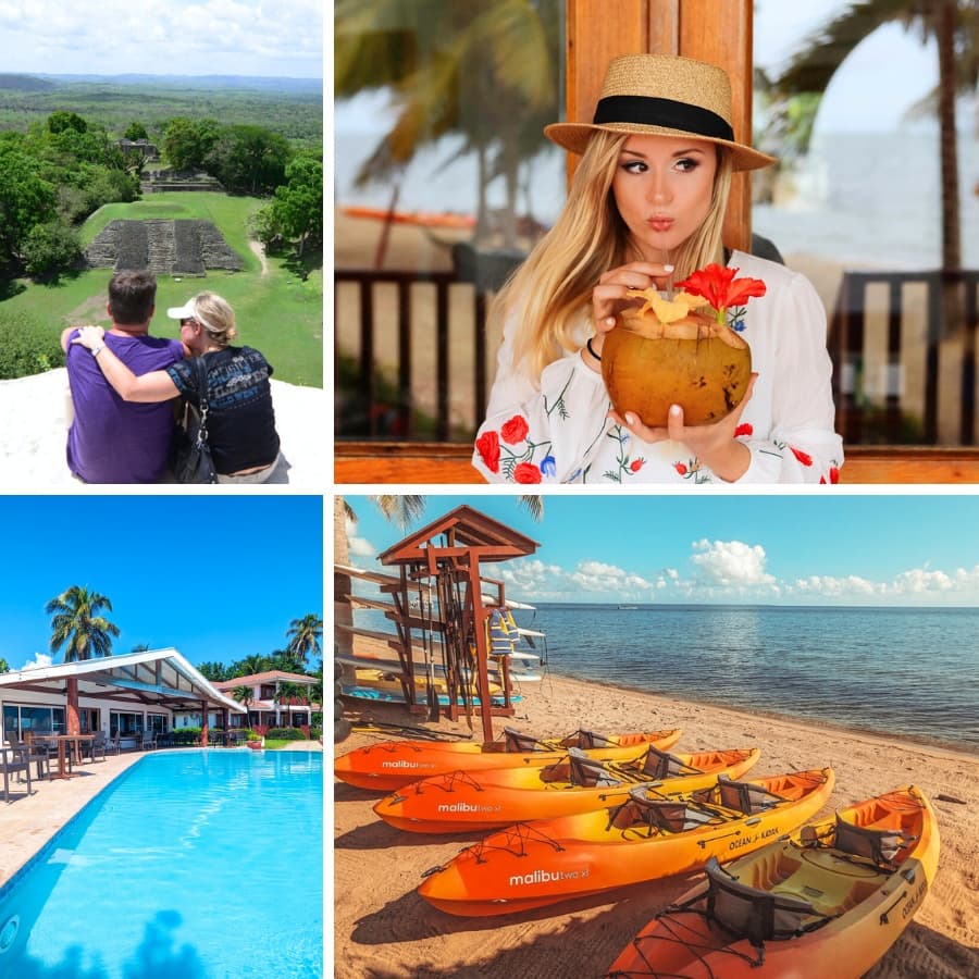 A collage featuring a scenic view, a woman enjoying a tropical drink, a poolside resort, and orange kayaks on a beach.