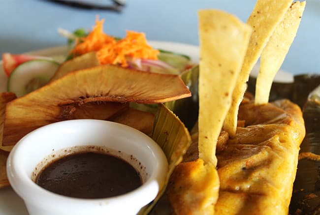 A plate of grilled fish served with a dark sauce, tortilla strips, dried fruit, and a fresh salad.