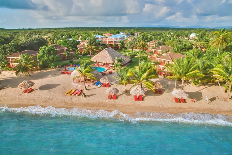 Aerial view of a tropical beach resort with palm trees, thatched umbrellas, and colorful lounge chairs by the water.