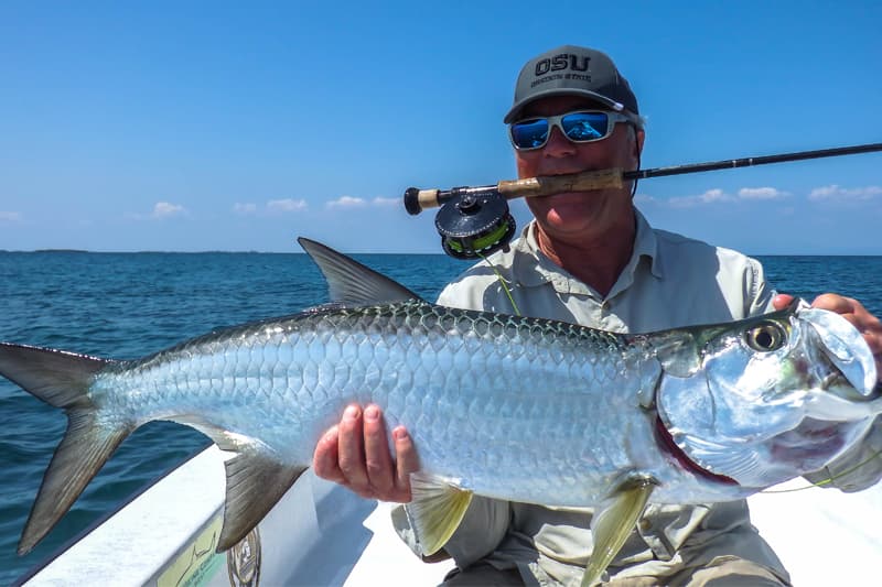 A man holds a large fish while sitting in a boat on a sunny day.