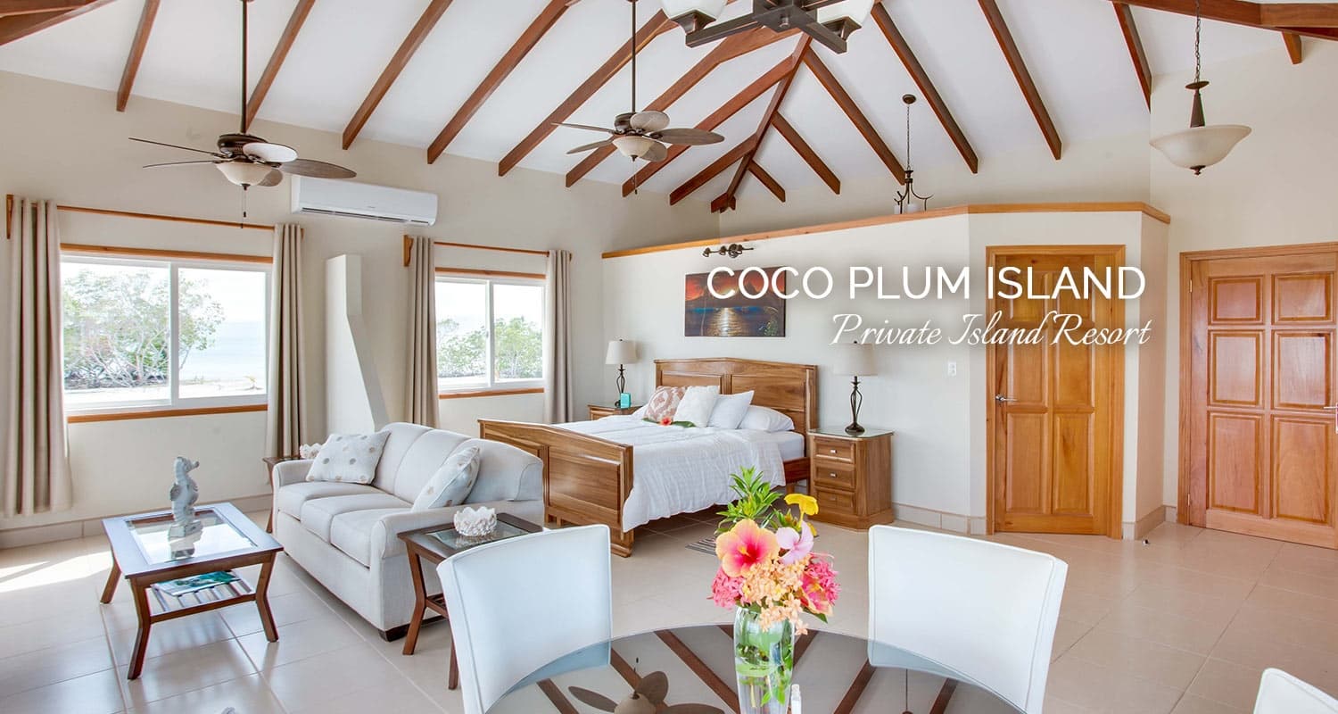 Spacious and luxurious bedroom at Coco Plum Island Resort, featuring a king-size bed, sitting area, and ocean view.