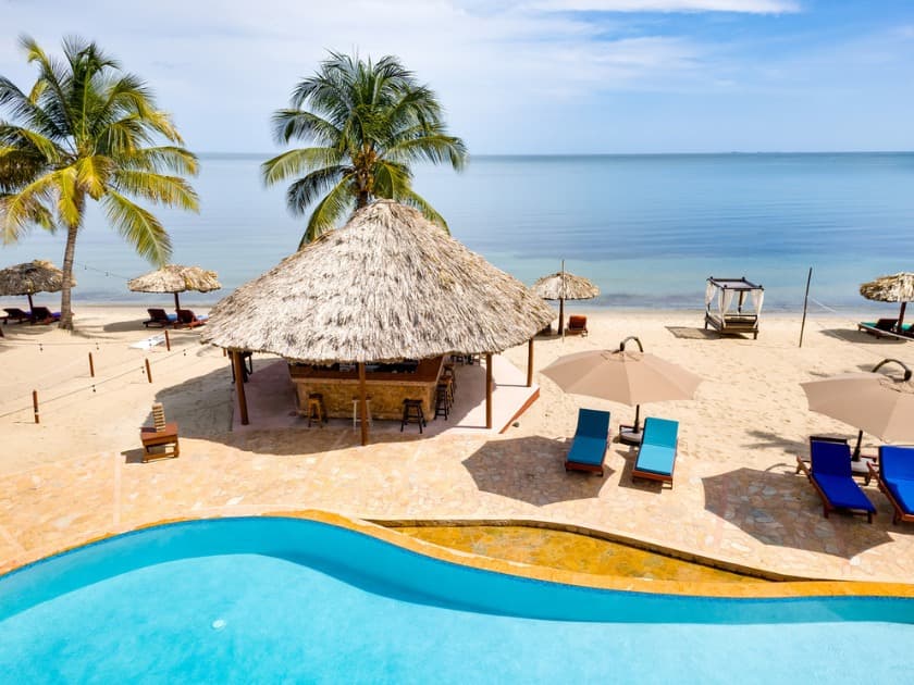 A tropical beach scene featuring a thatched-roof hut, pool, and lounge chairs under palm trees.