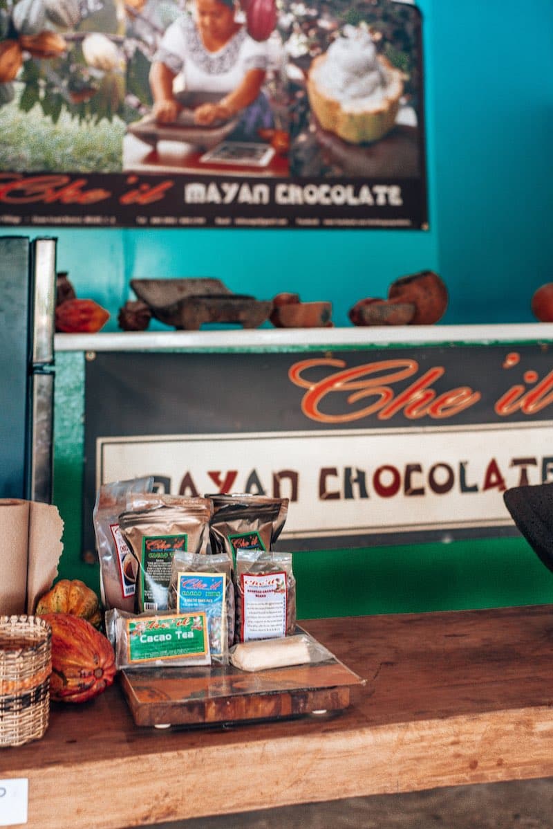 A display of Mayan chocolate products, including cacao beans and tea, set against a colorful sign.