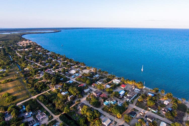 Aerial view of a coastal community with homes alongside a serene blue ocean.