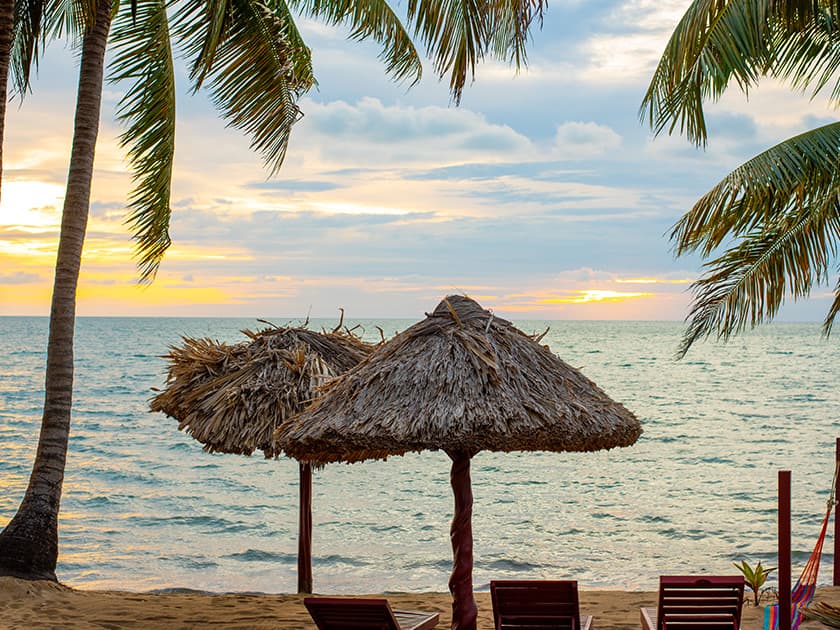 A serene beach scene featuring straw umbrellas and palm trees against a sunset sky and calm ocean.