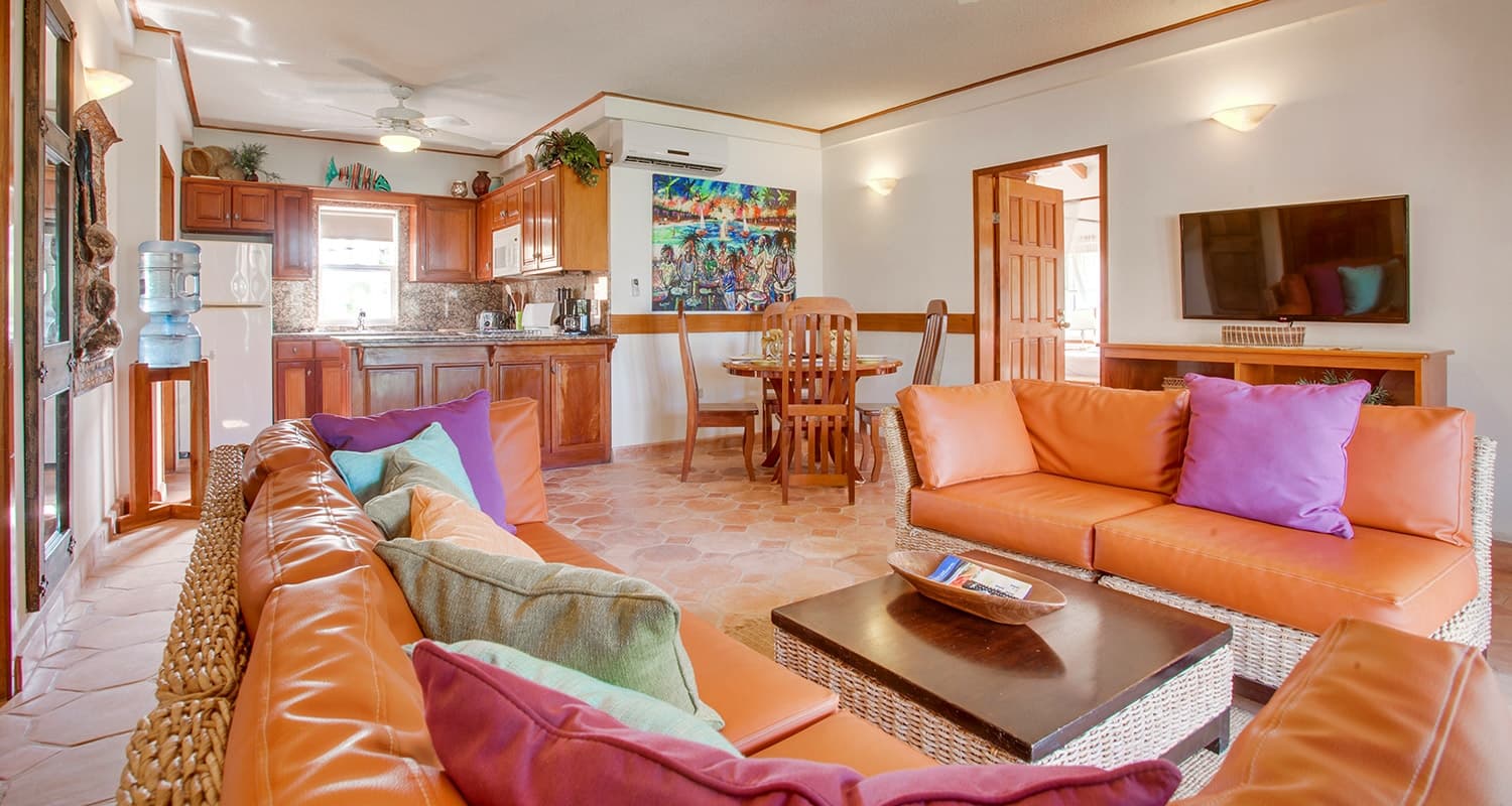 Living room photo with wicker and light brown leather couches, purple and multi color pillows, tile floor, tv, kitchen and oak table with 4 chairs in the background.