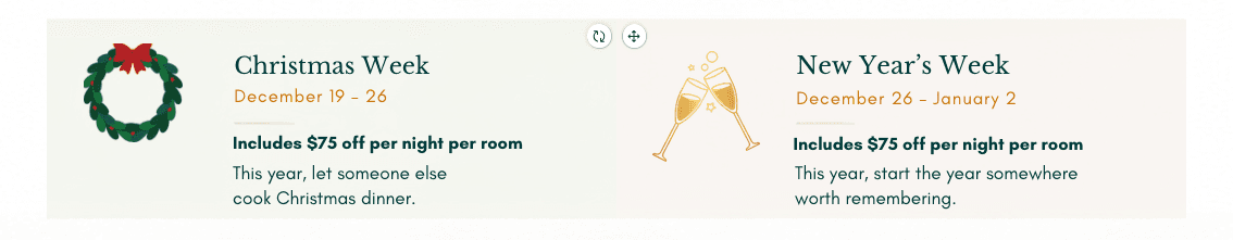 Promotional offer for Christmas and New Year's Weeks, featuring $75 off per night per room.