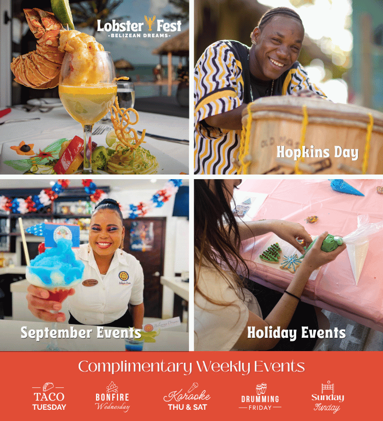 A collage showcasing Lobster Fest cuisine, Hopkins Day festivities, September events, and holiday themed activities at a vibrant restaurant.