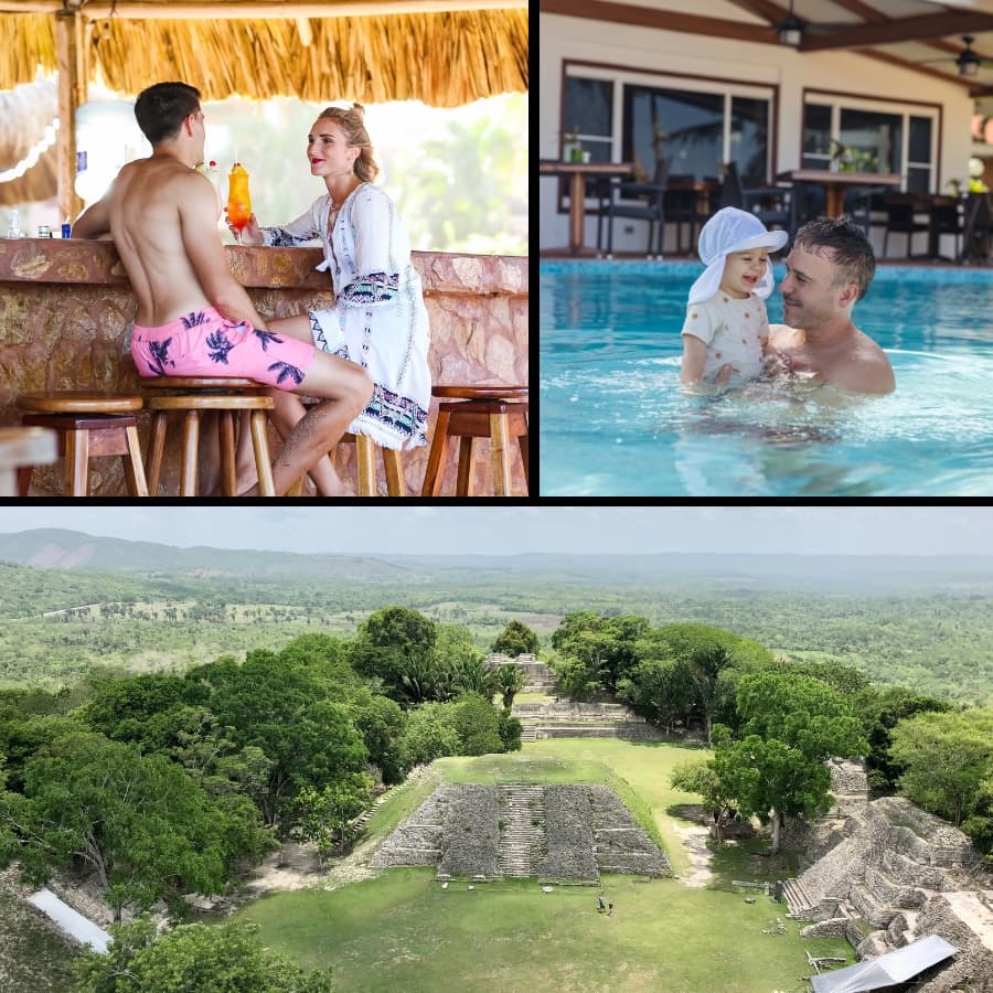 A collage featuring a couple at a bar, a parent and child swimming, and an aerial view of ancient ruins surrounded by greenery.