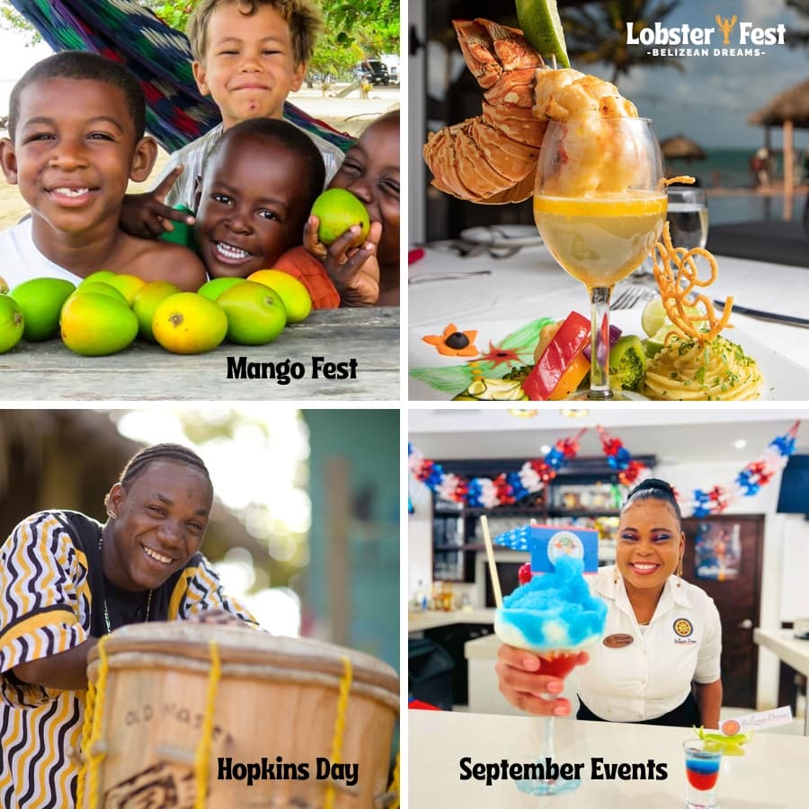 A collage showcasing cultural events in Belize, featuring children at Mango Fest, seafood dishes, drumming at Hopkins Day, and vibrant drinks for September Events.